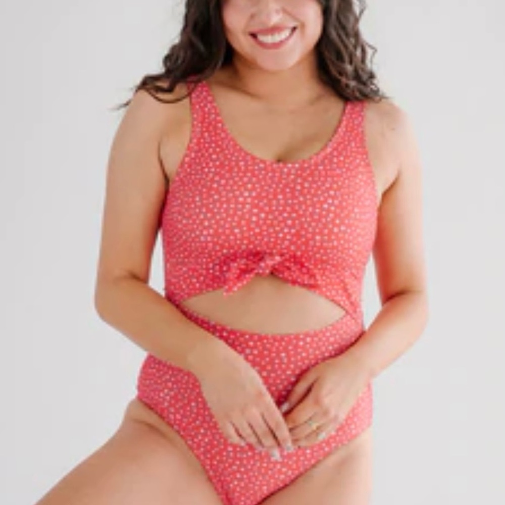 Lime Ricki pink polka dot swimsuit.